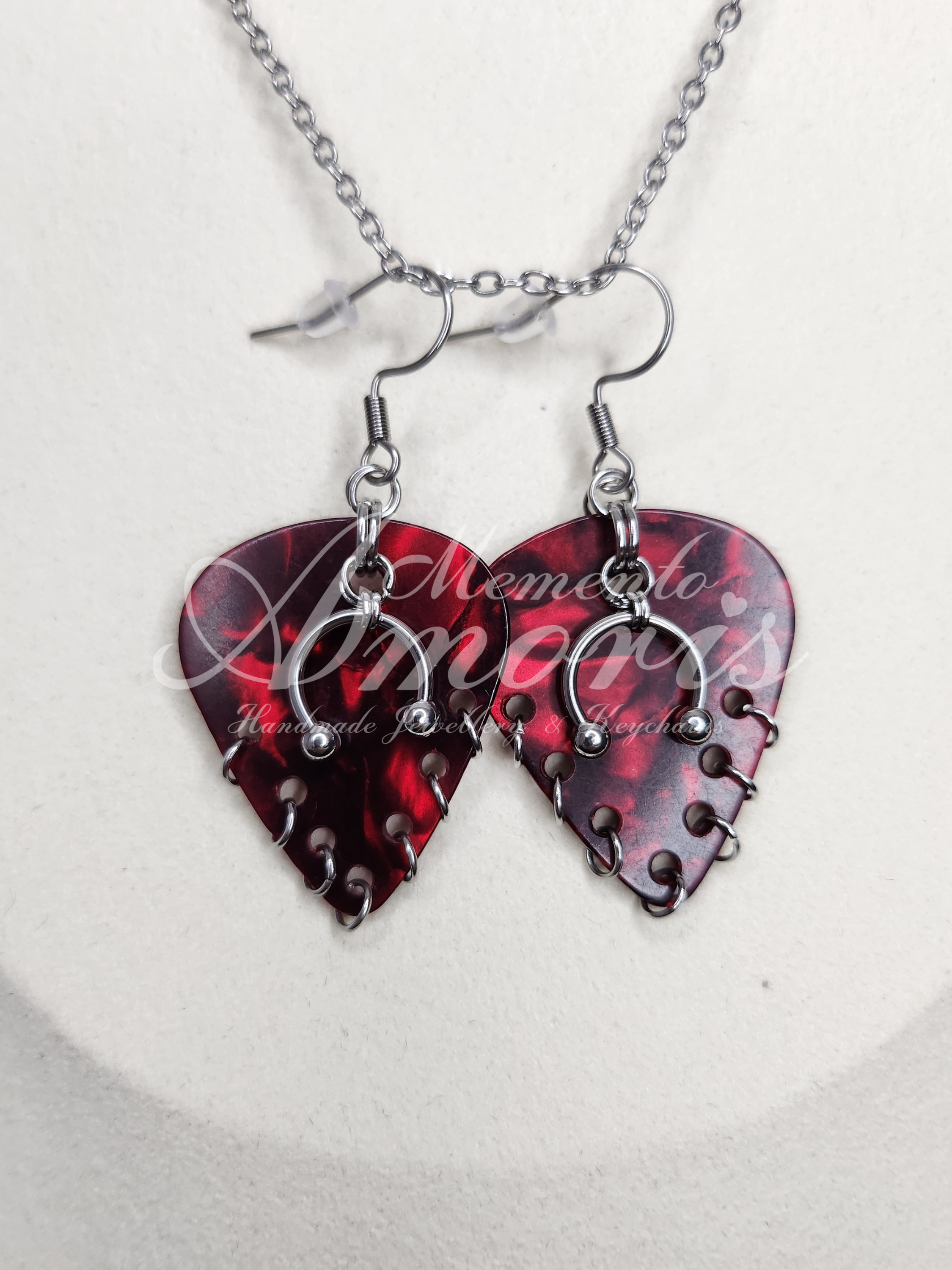 Plectrum Earrings 'Pierced x7' in red, silver