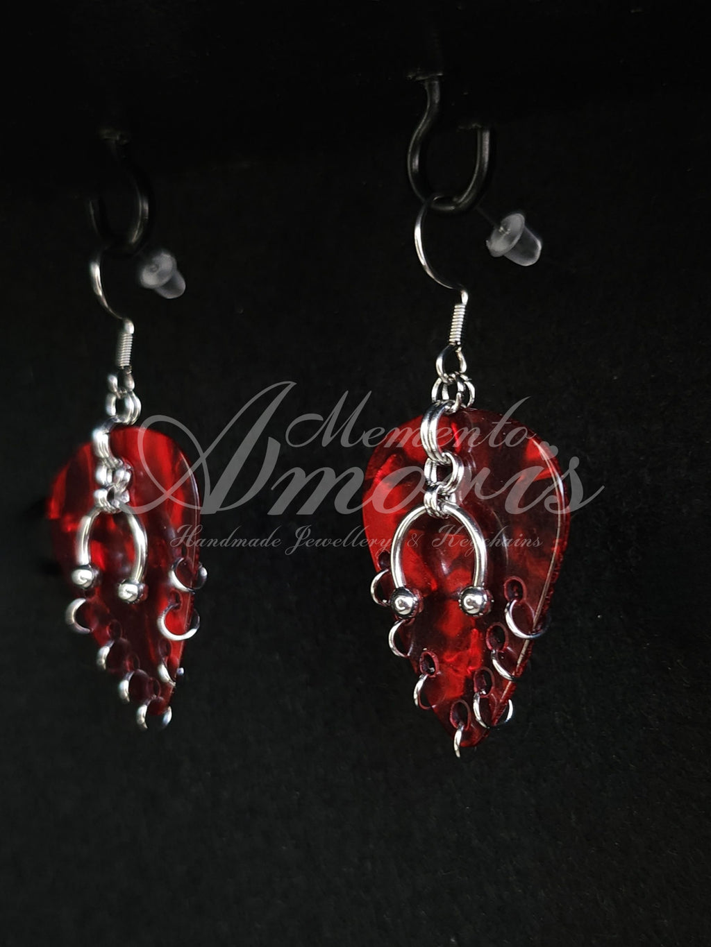 Plectrum Earrings 'Pierced x7' in red, silver