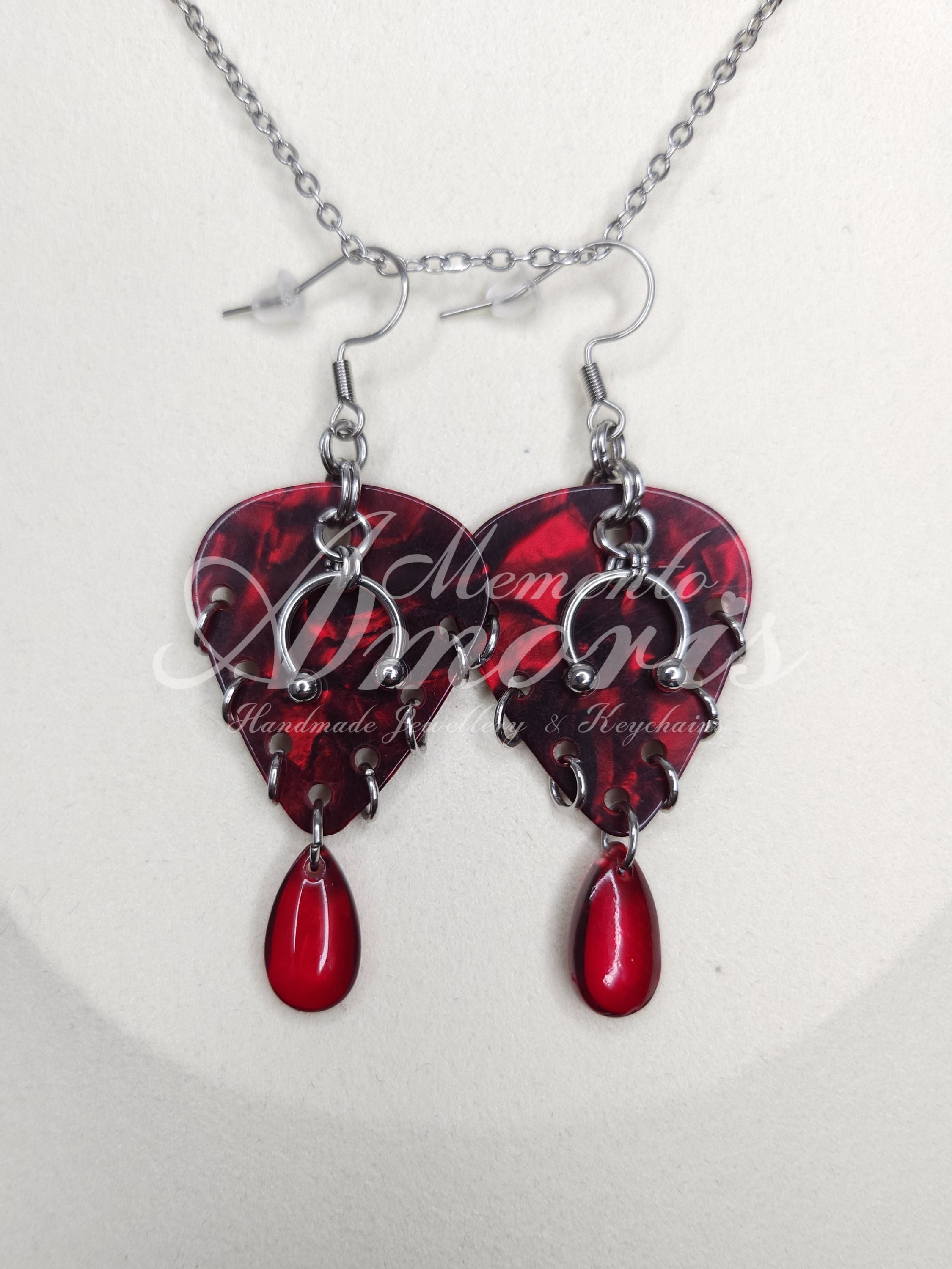 Plectrum Earrings 'Pierced drip' in red, silver