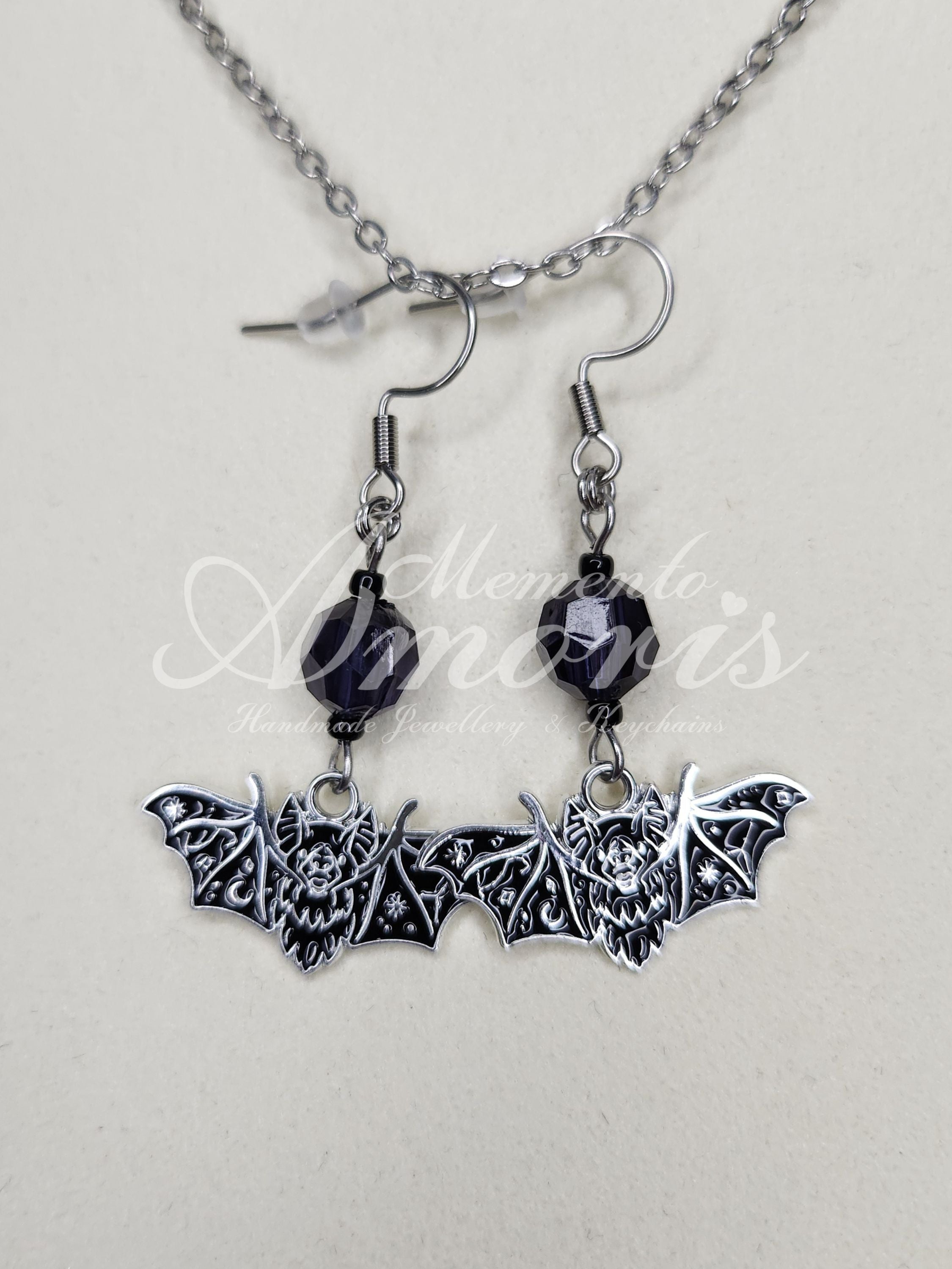 Beaded Bat Earrings in silver
