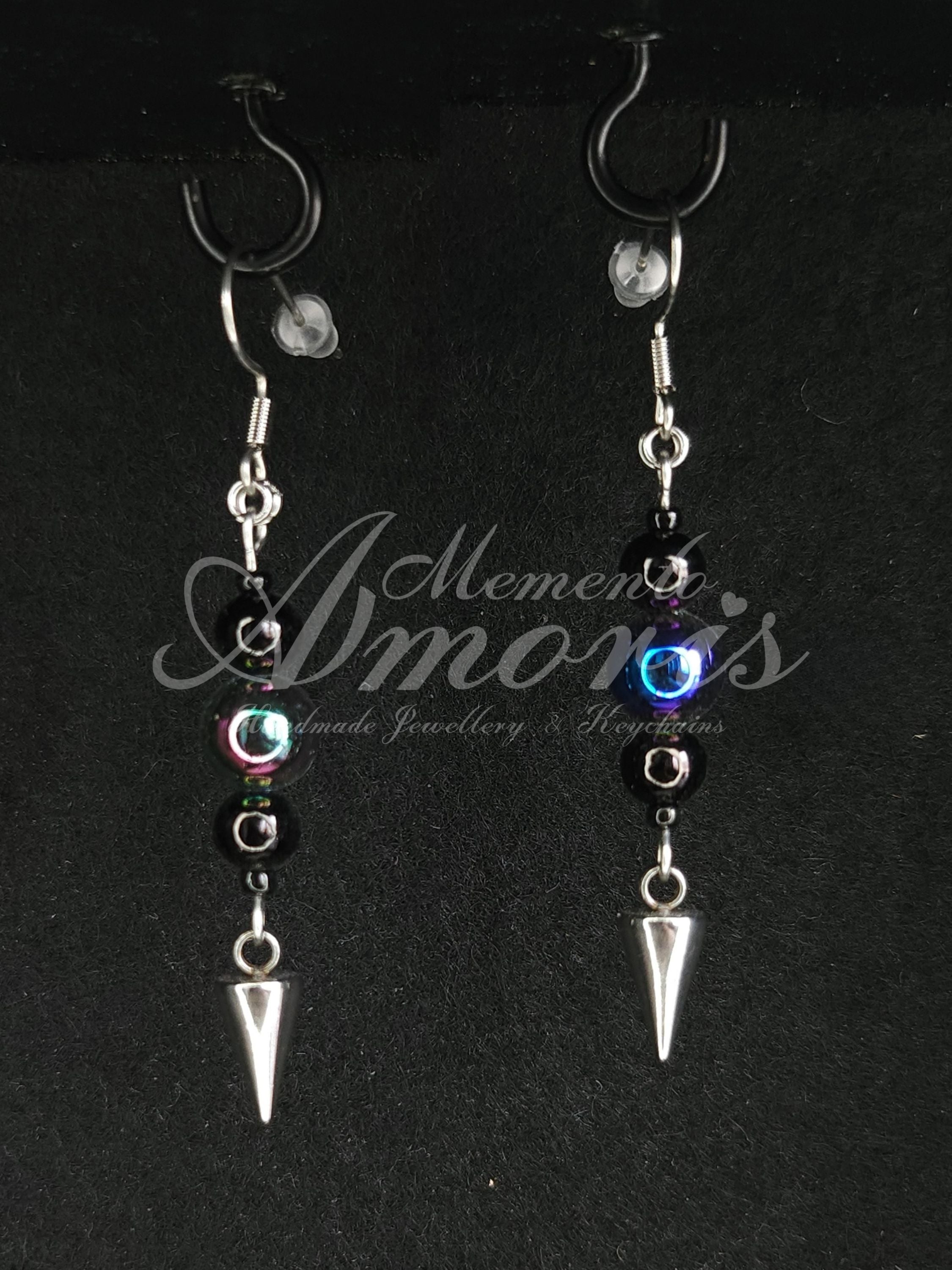 Beaded Spike Earrings in silver, oil spill