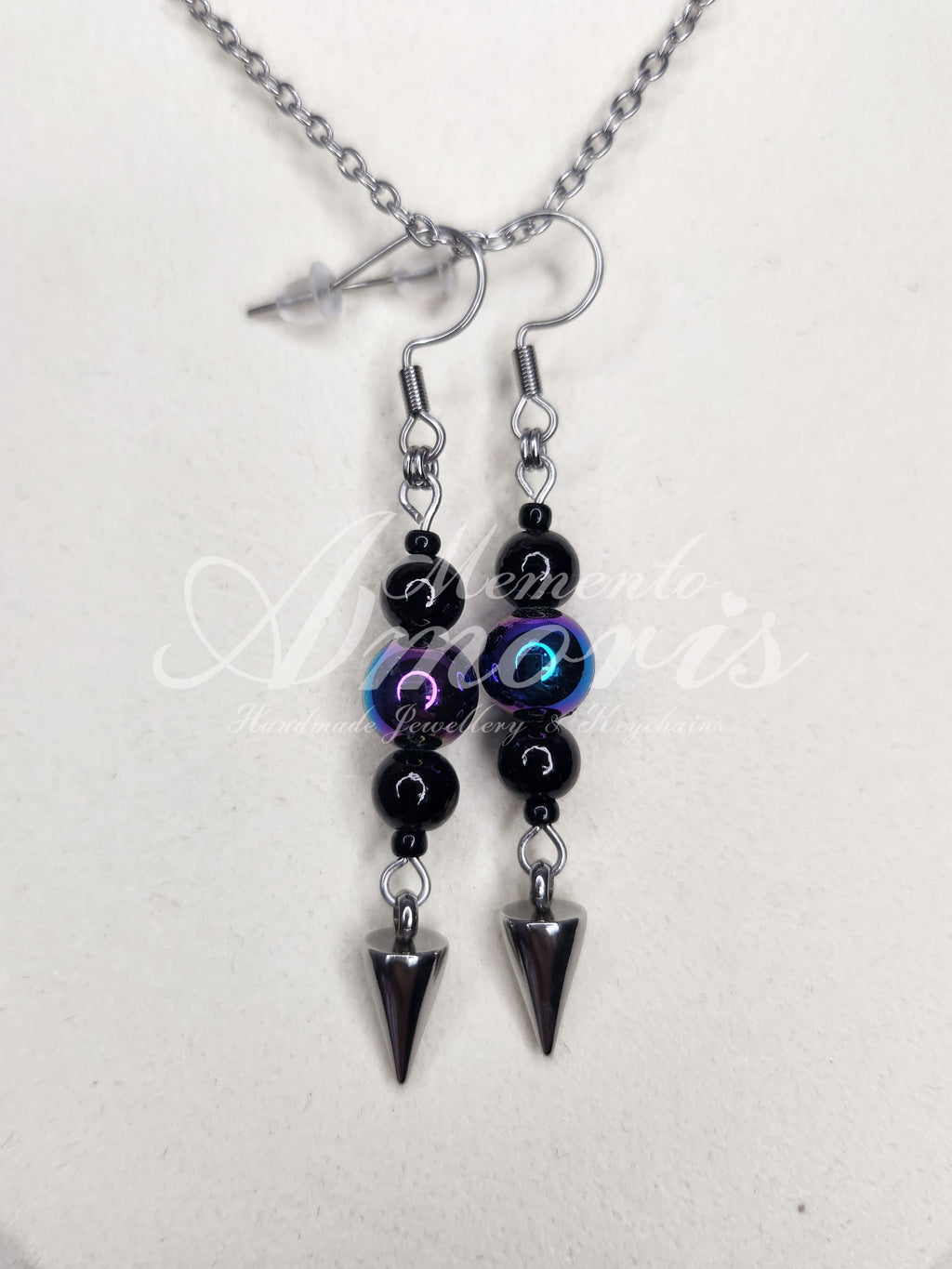 Beaded Spike Earrings in silver, oil spill
