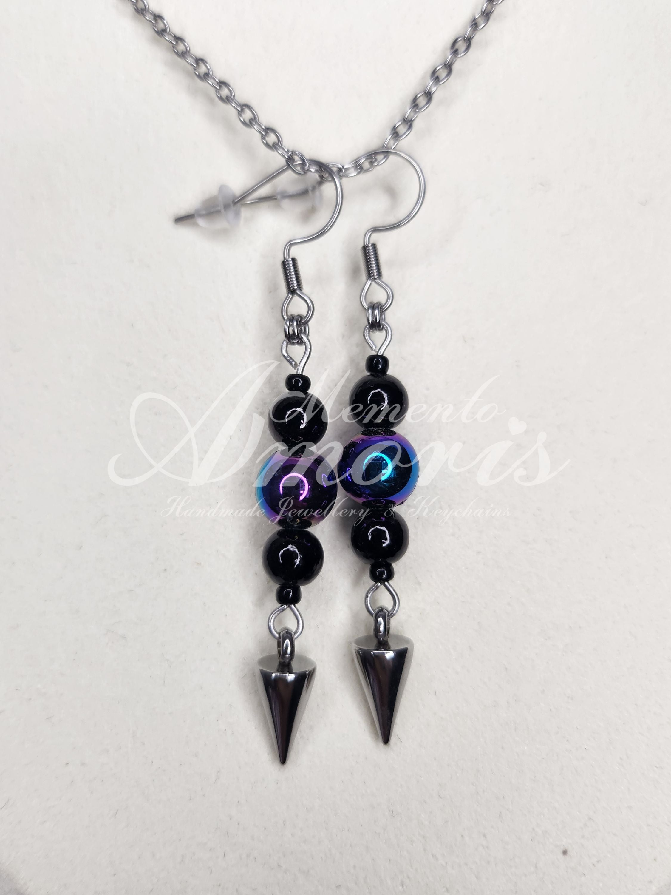 Beaded Spike Earrings in silver, oil spill