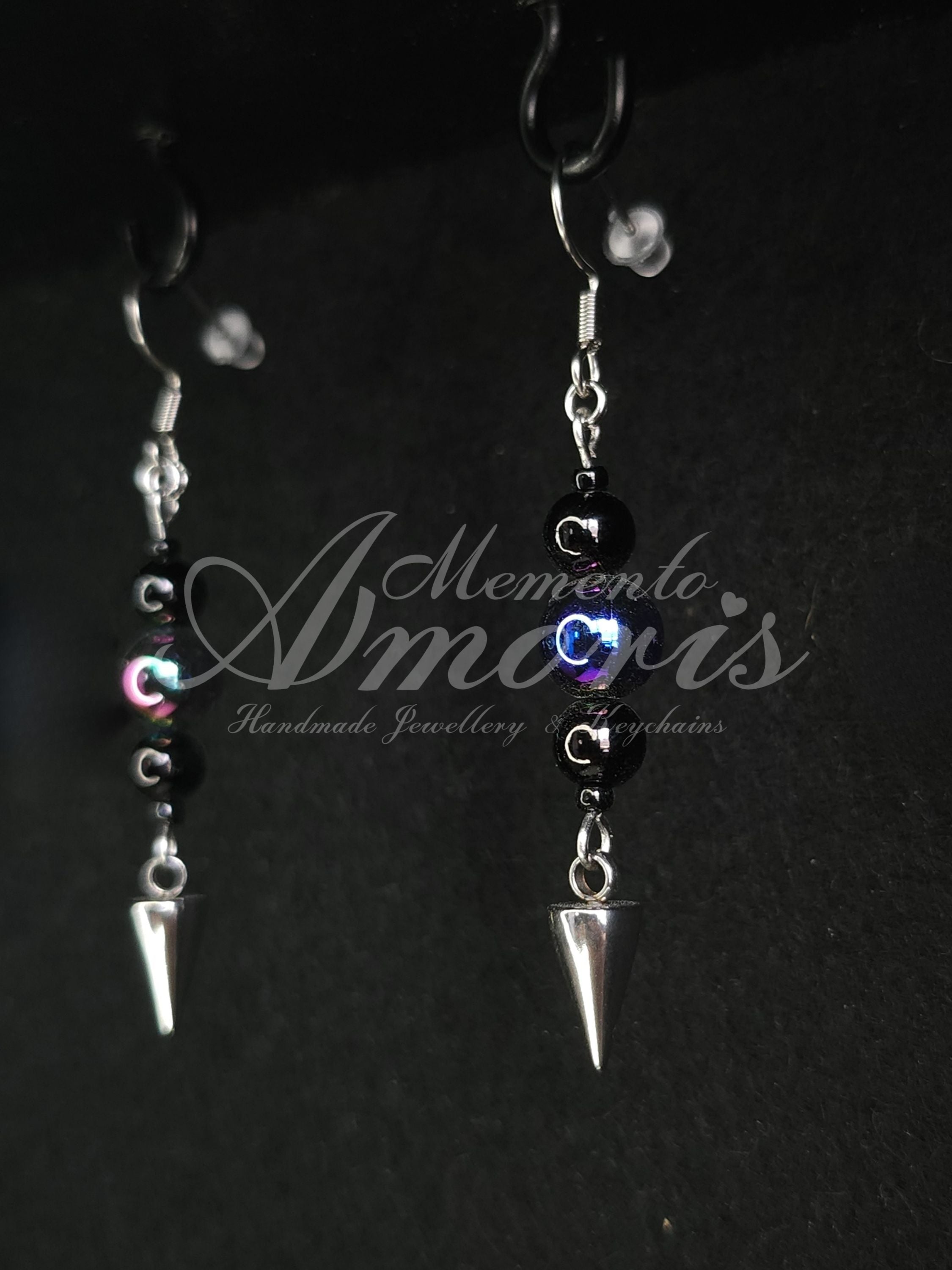 Beaded Spike Earrings in silver, oil spill