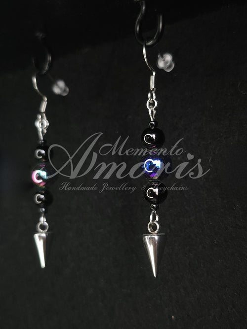 Beaded Spike Earrings in silver, oil spill