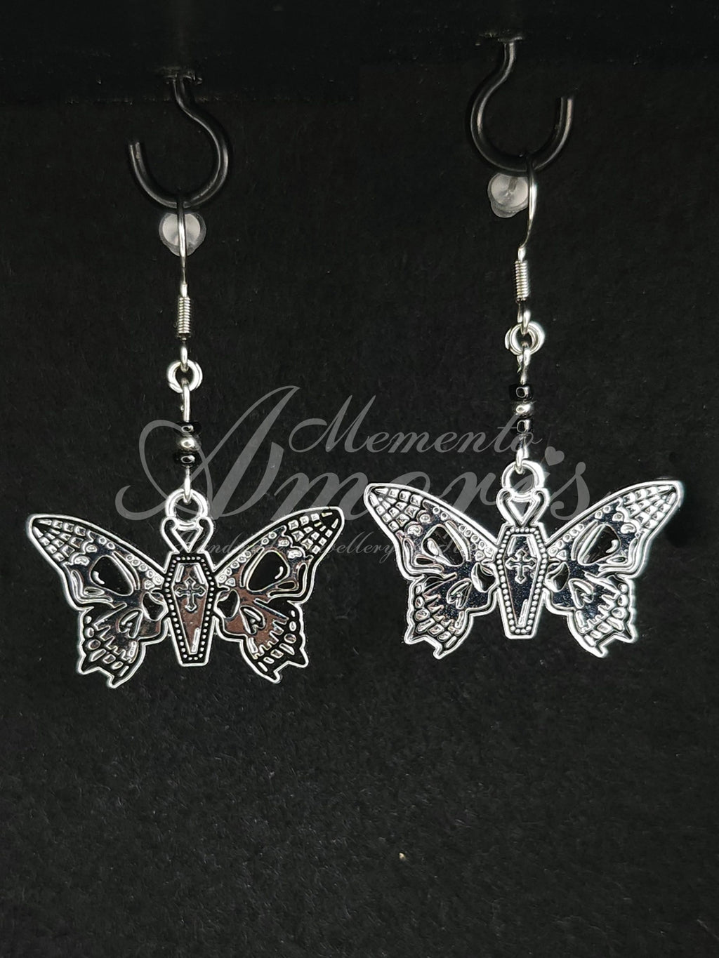 Beaded Coffin Butterfly Earrings in silver