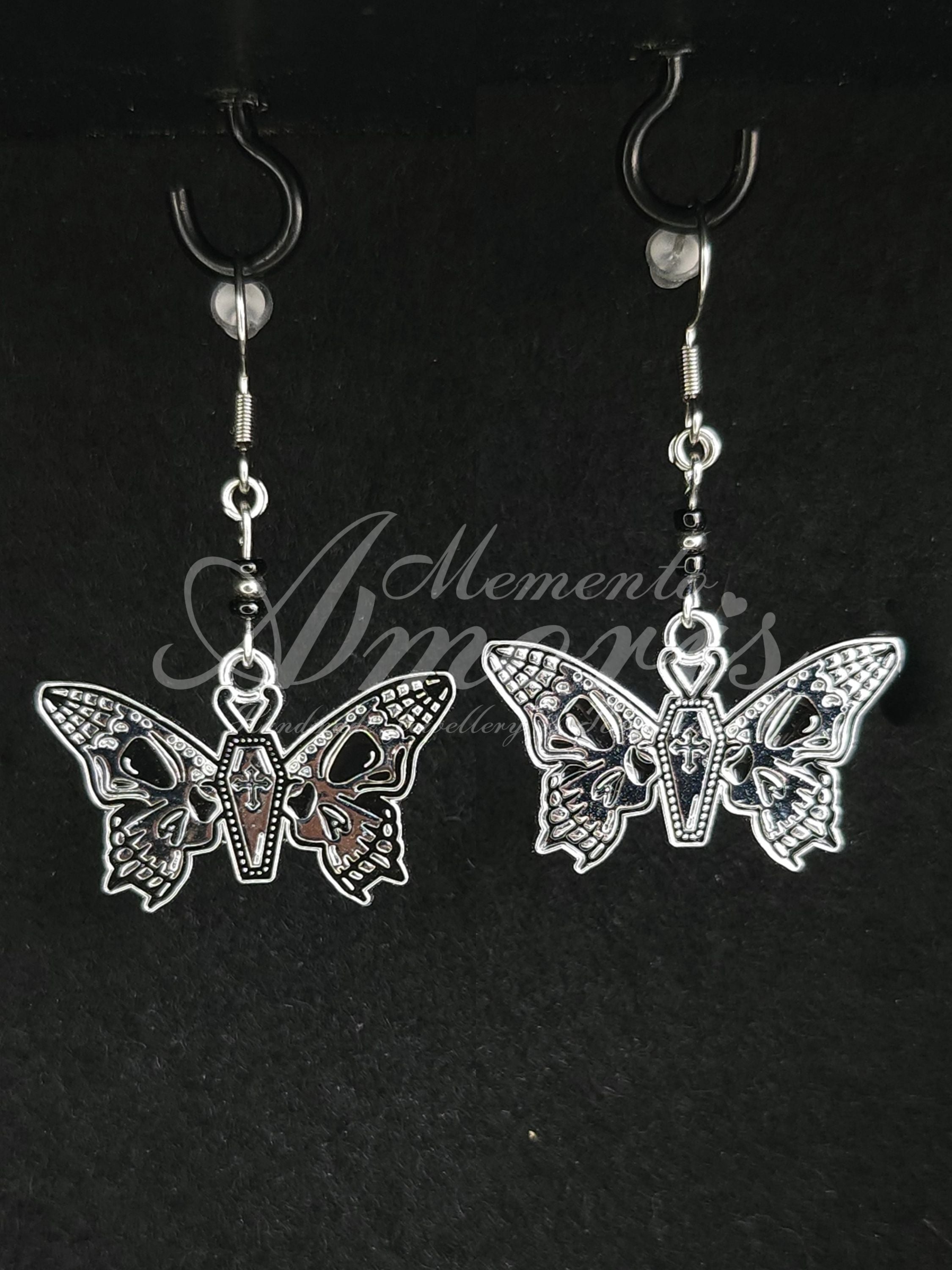 Beaded Coffin Butterfly Earrings in silver