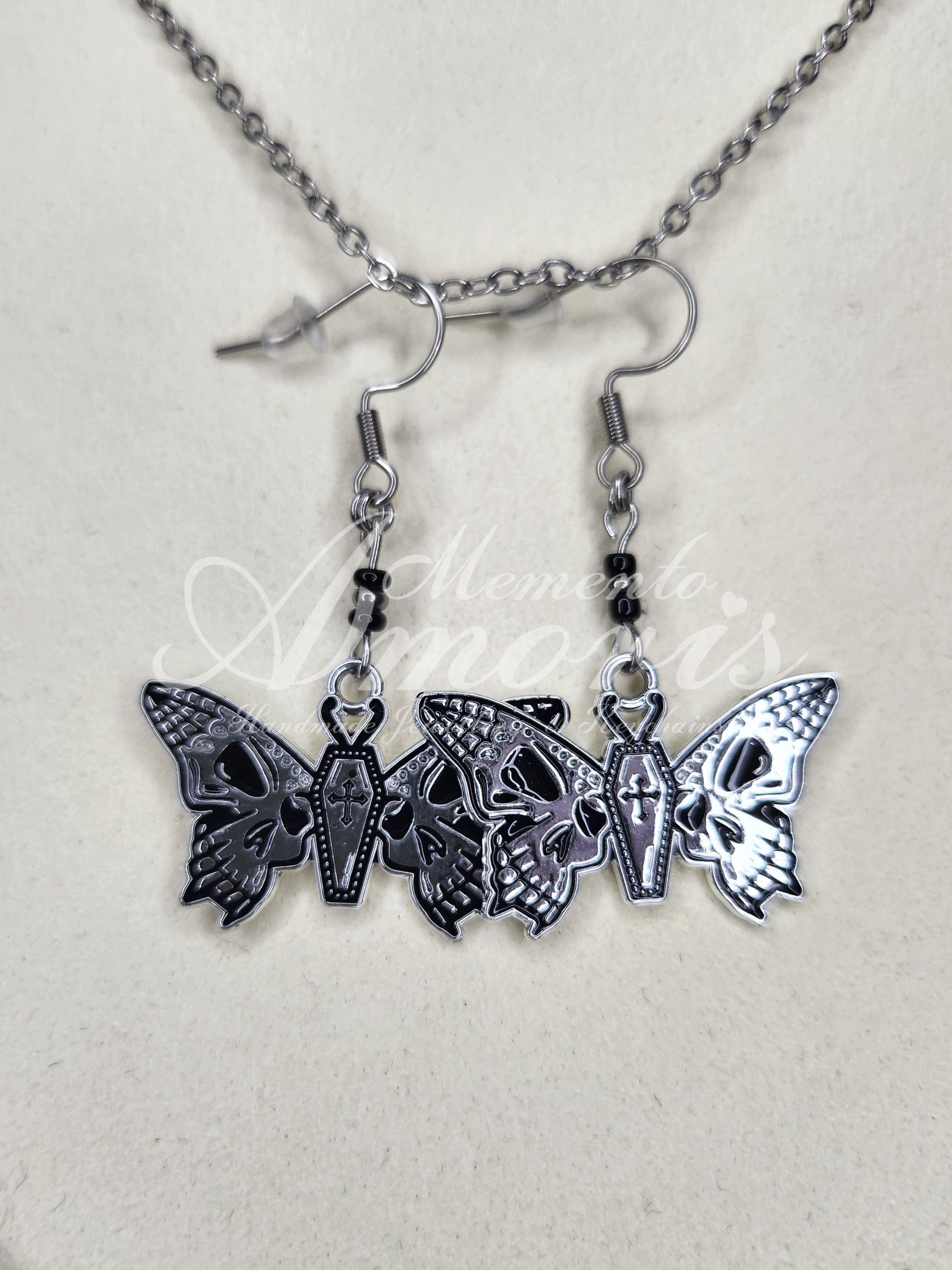 Beaded Coffin Butterfly Earrings in silver