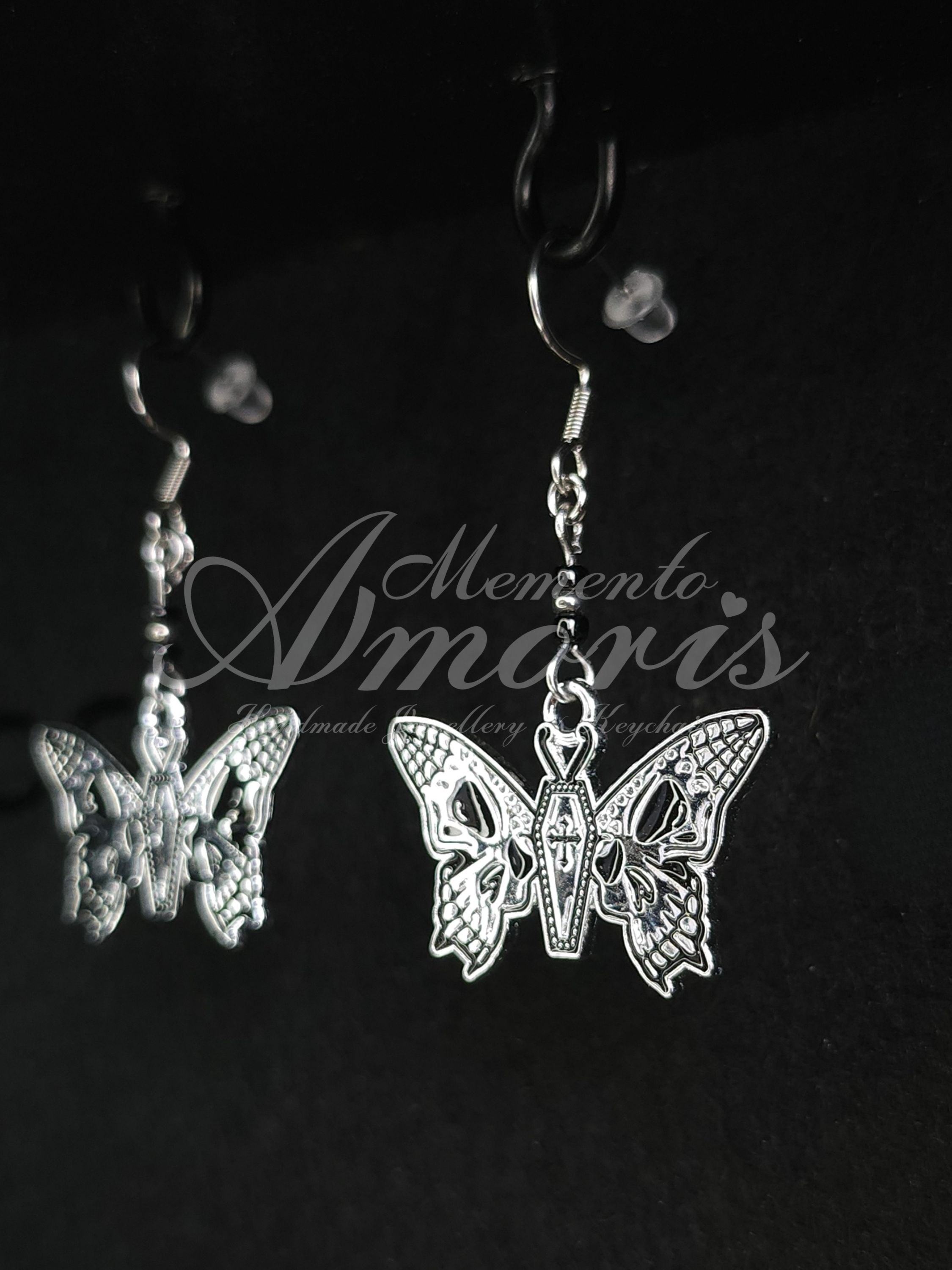 Beaded Coffin Butterfly Earrings in silver