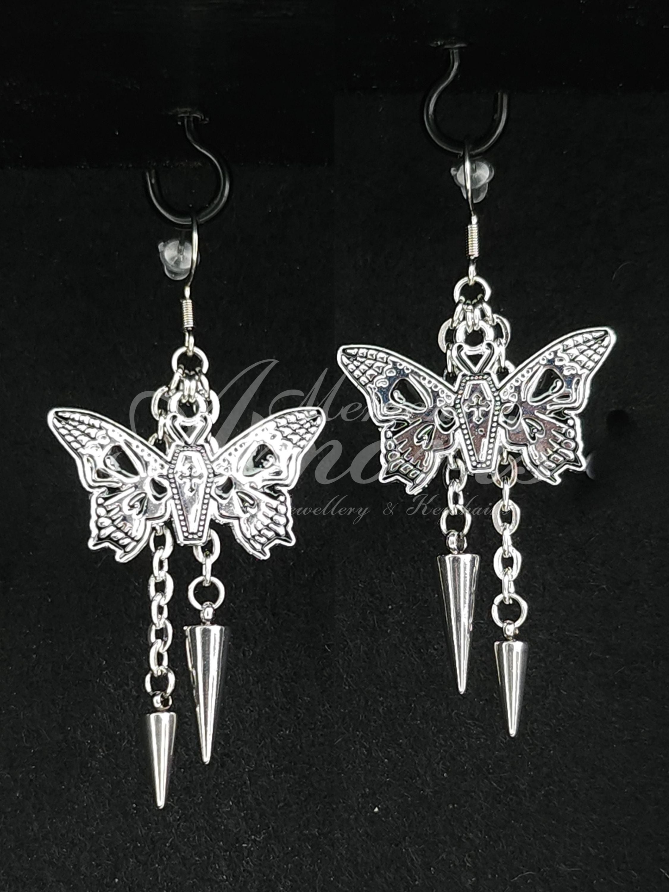 Spiked Coffin Butterfly Earrings in silver