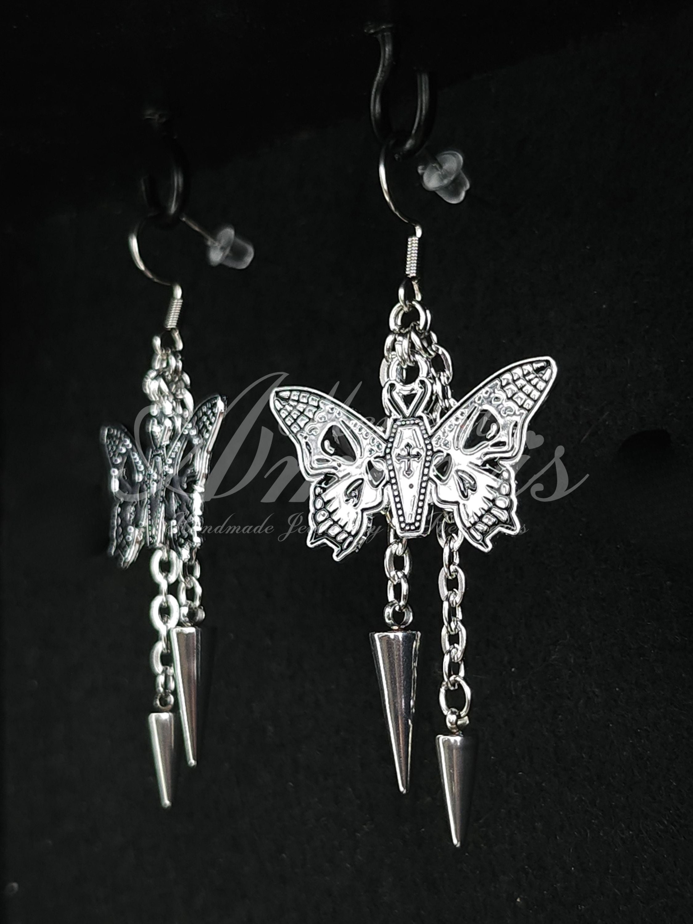 Spiked Coffin Butterfly Earrings in silver