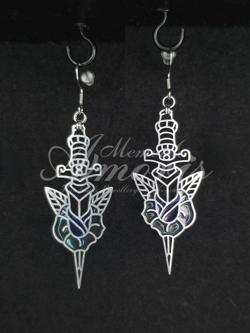 Rose Dagger Earrings in silver, blue