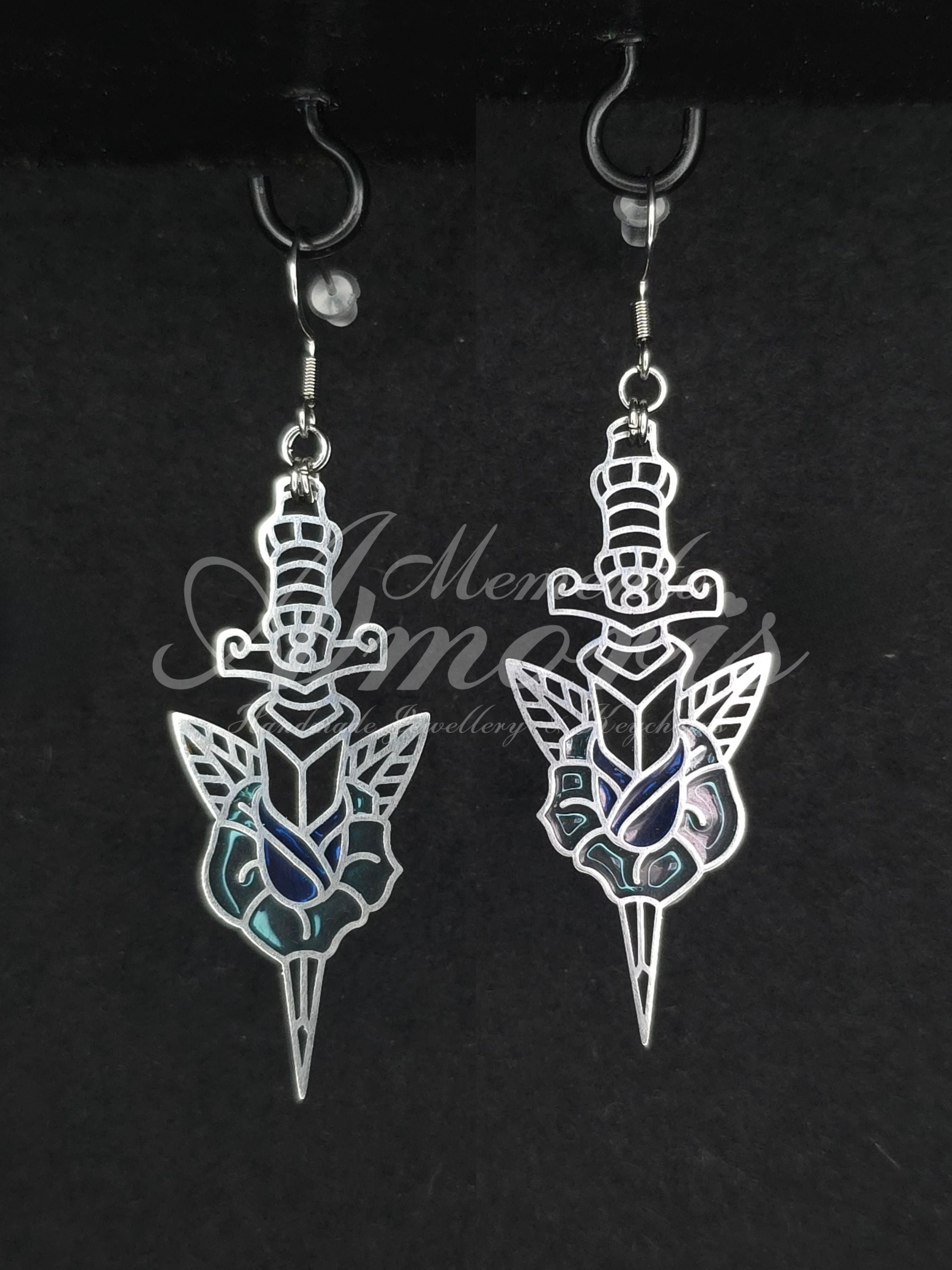 Rose Dagger Earrings in silver, blue