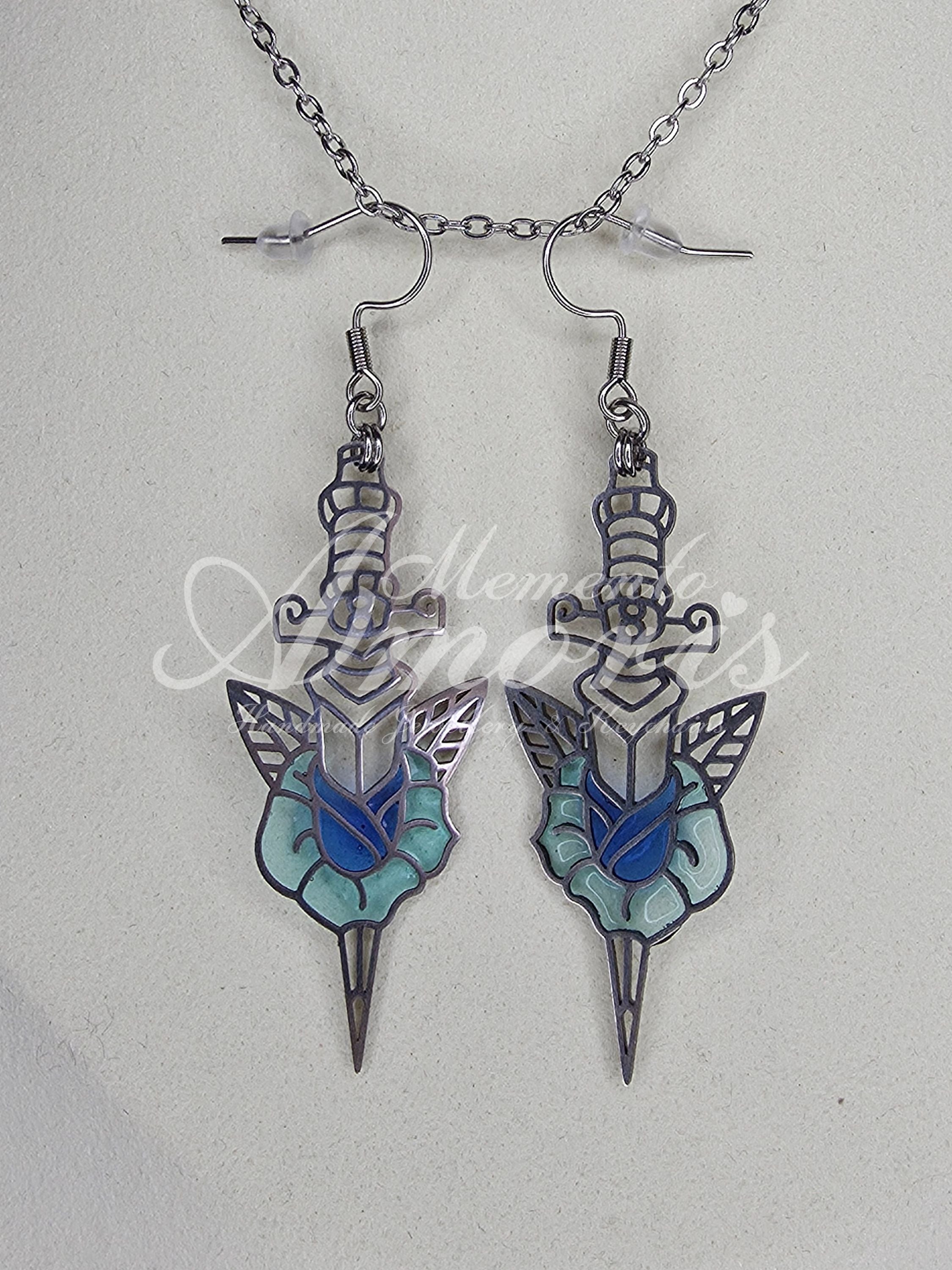 Rose Dagger Earrings in silver, blue