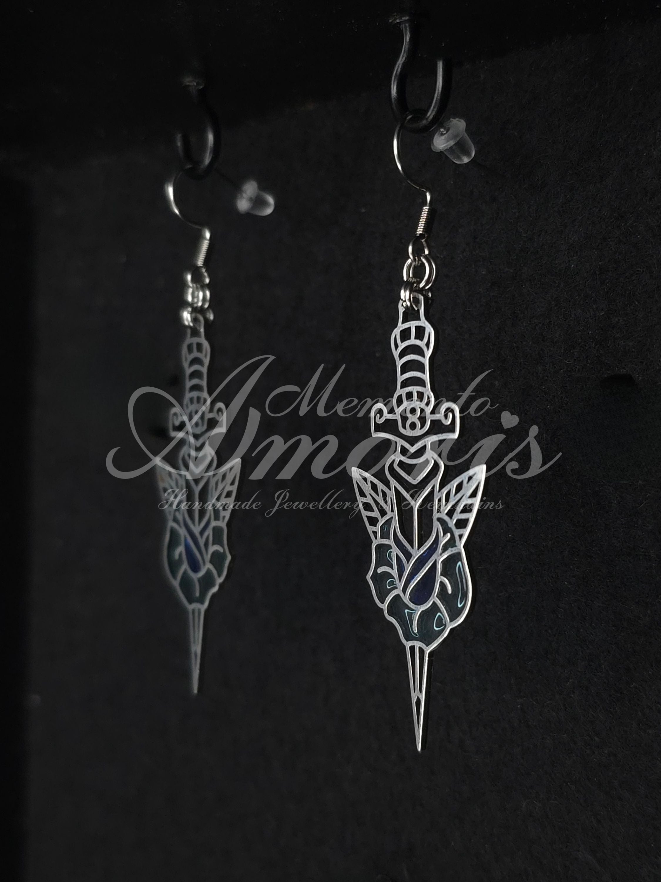 Rose Dagger Earrings in silver, blue