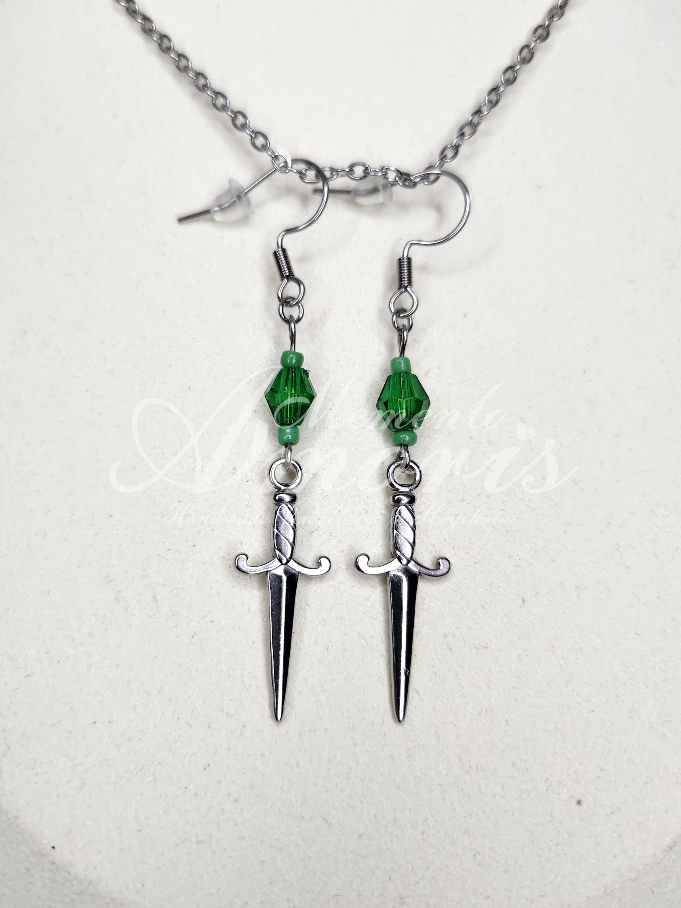 Green Dagger Earrings in silver