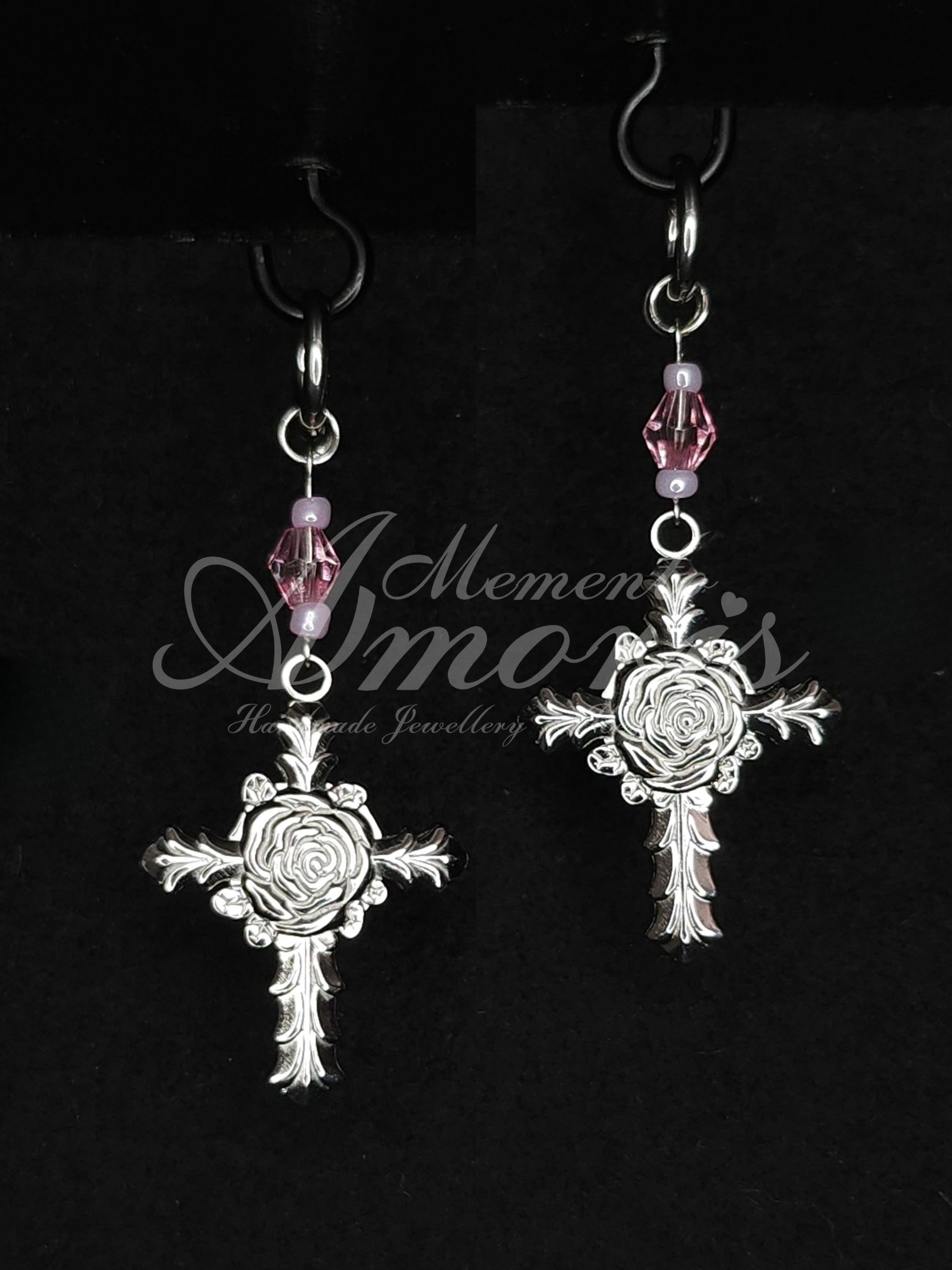 Pink Rose Cross Earrings in silver