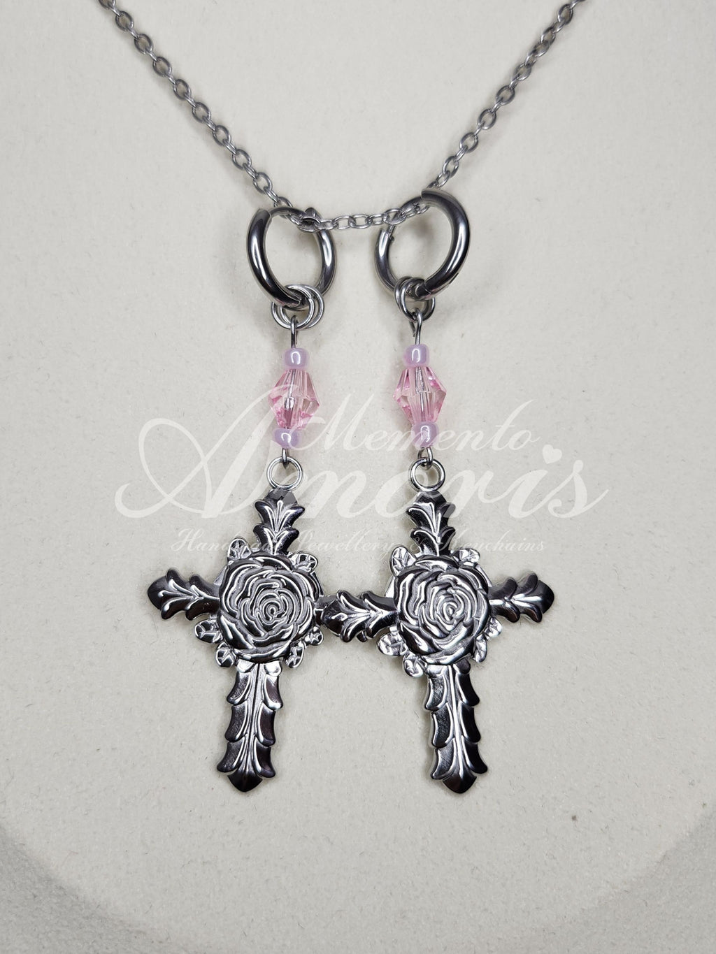 Pink Rose Cross Earrings in silver