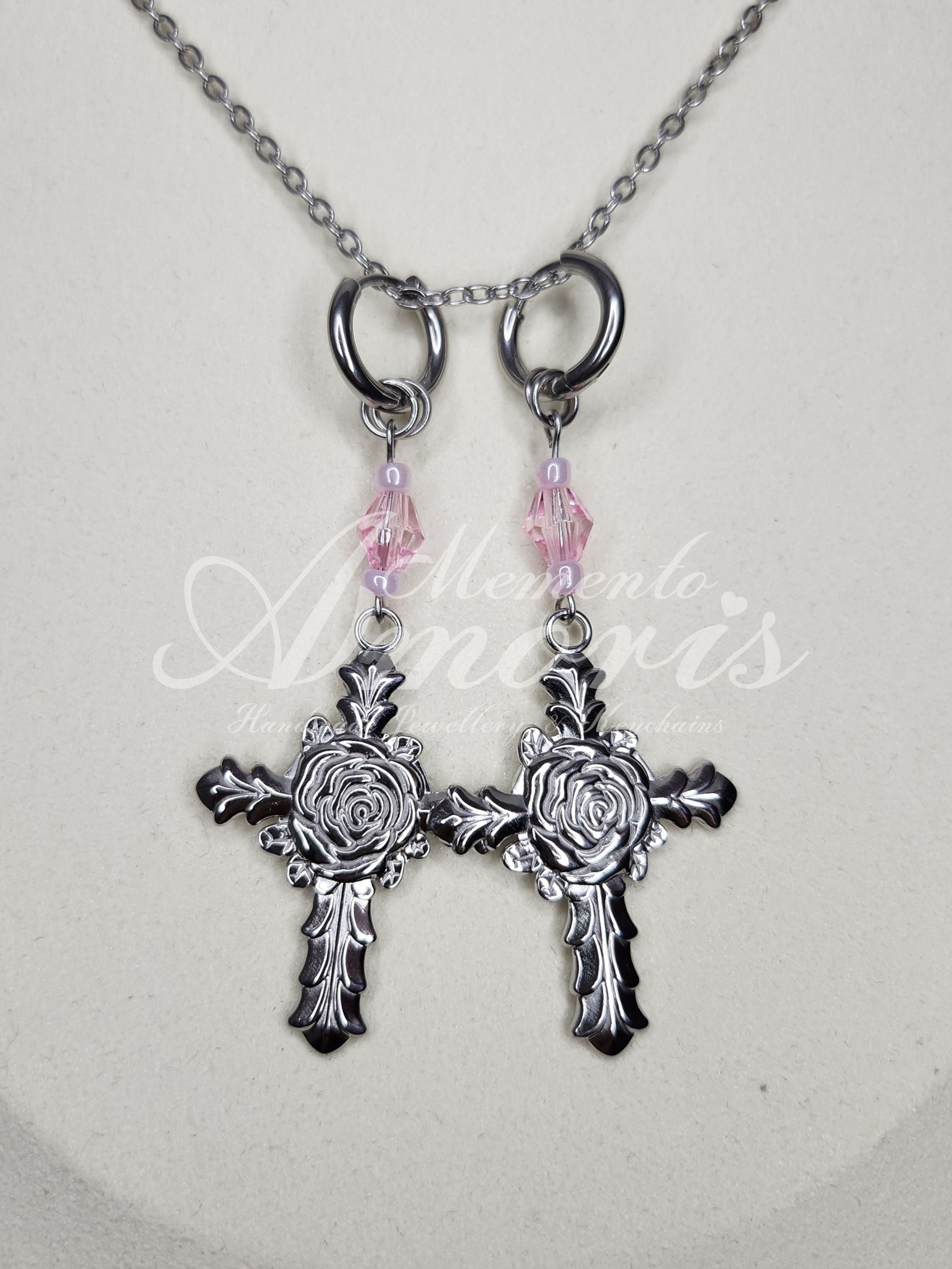 Pink Rose Cross Earrings in silver