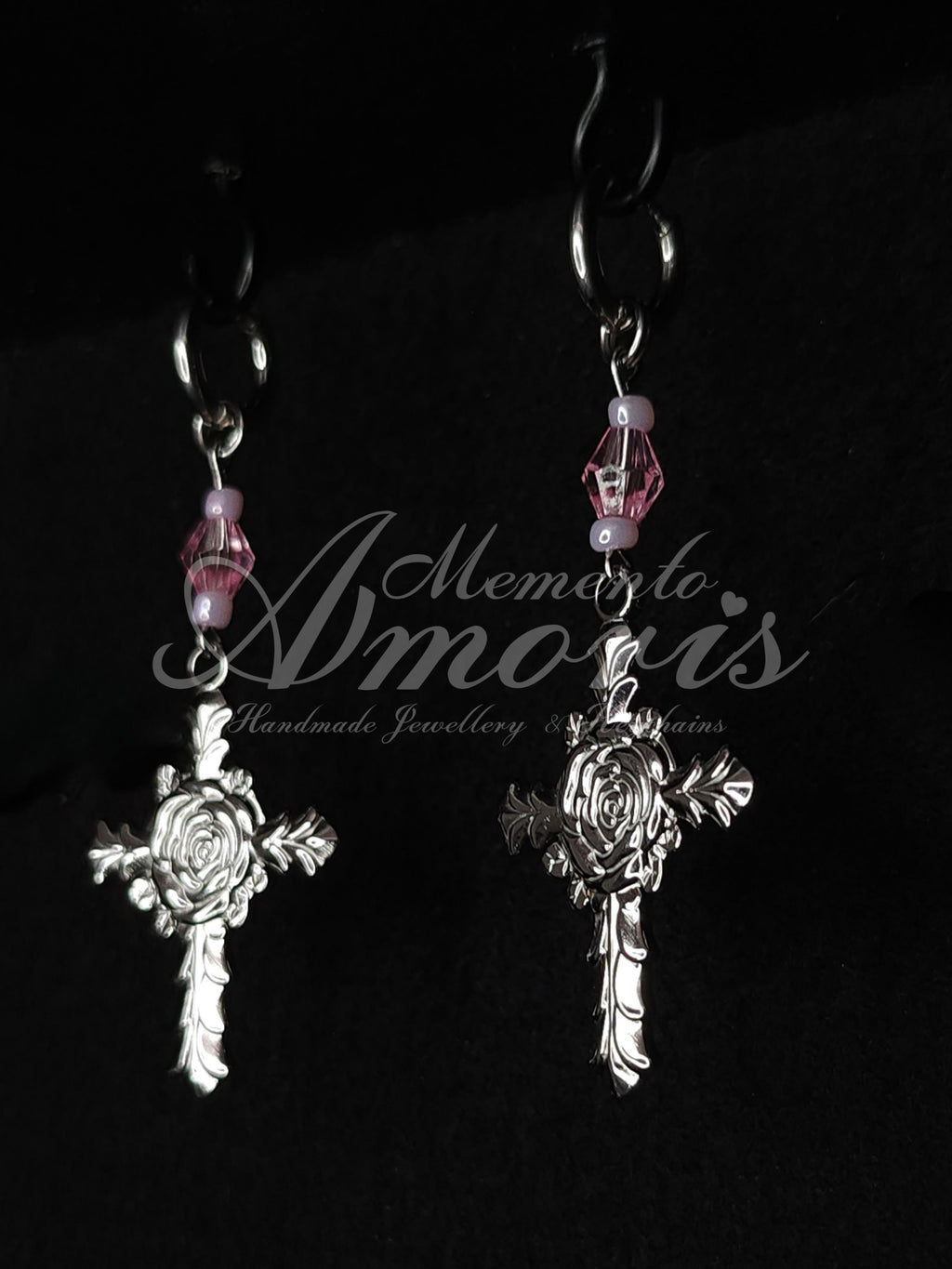 Pink Rose Cross Earrings in silver