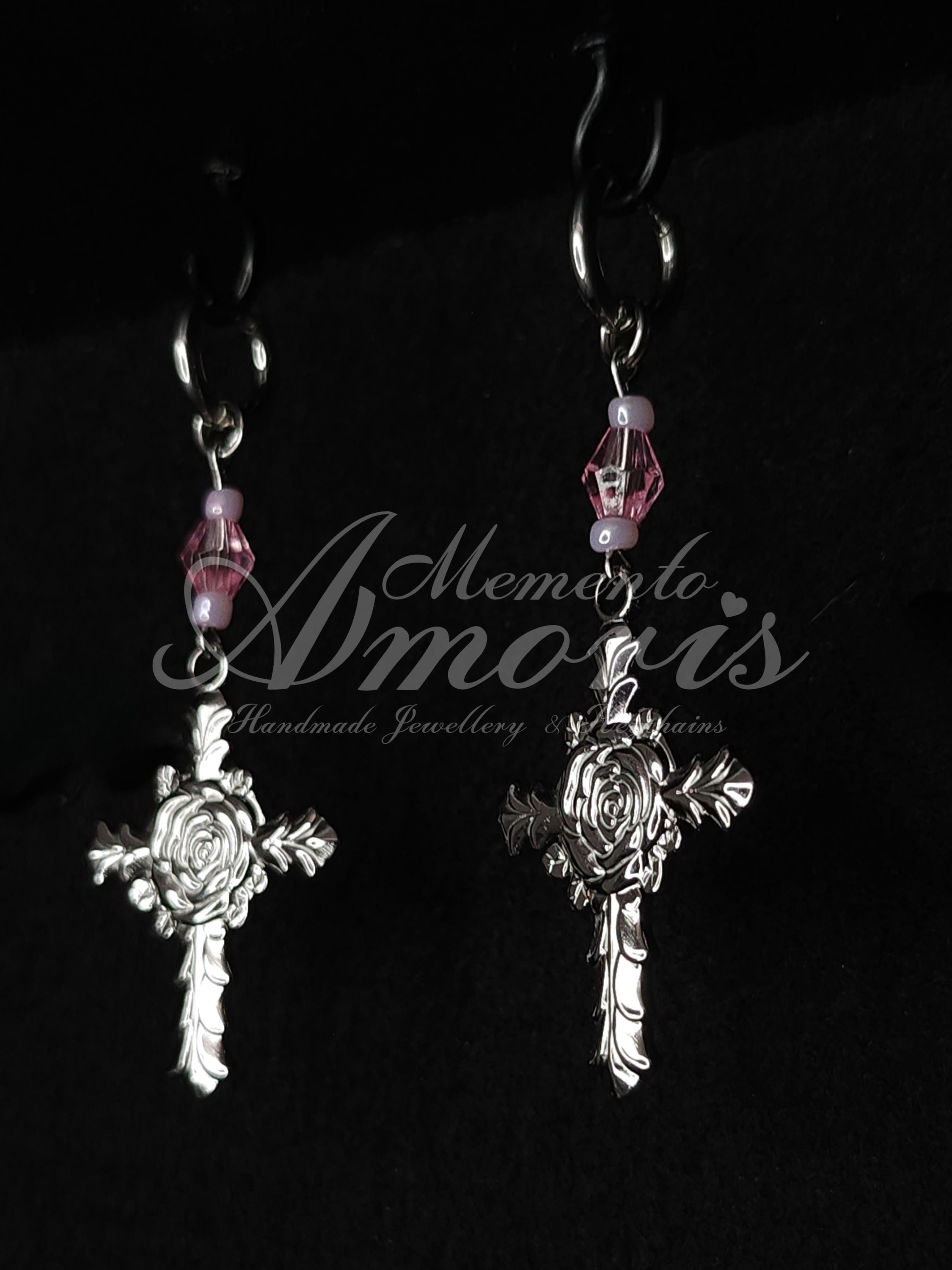 Pink Rose Cross Earrings in silver