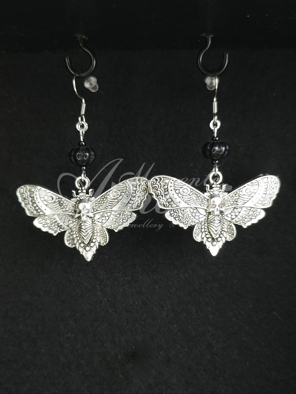 Beaded Moth Earrings in silver