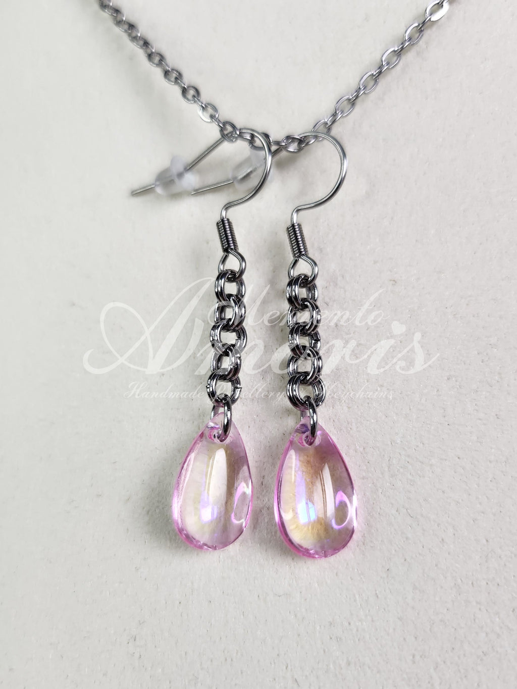Chained Drop Earrings in silver, pink